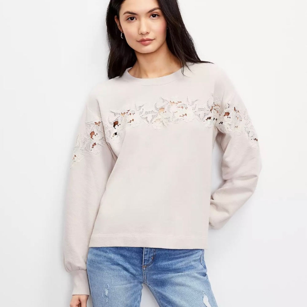 NWT LOFT Women's Floral Lace Trim Sweatshirt